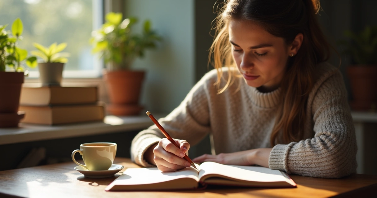 Persona escribiendo en un diario junto a una taza de té sobre mesa de madera 