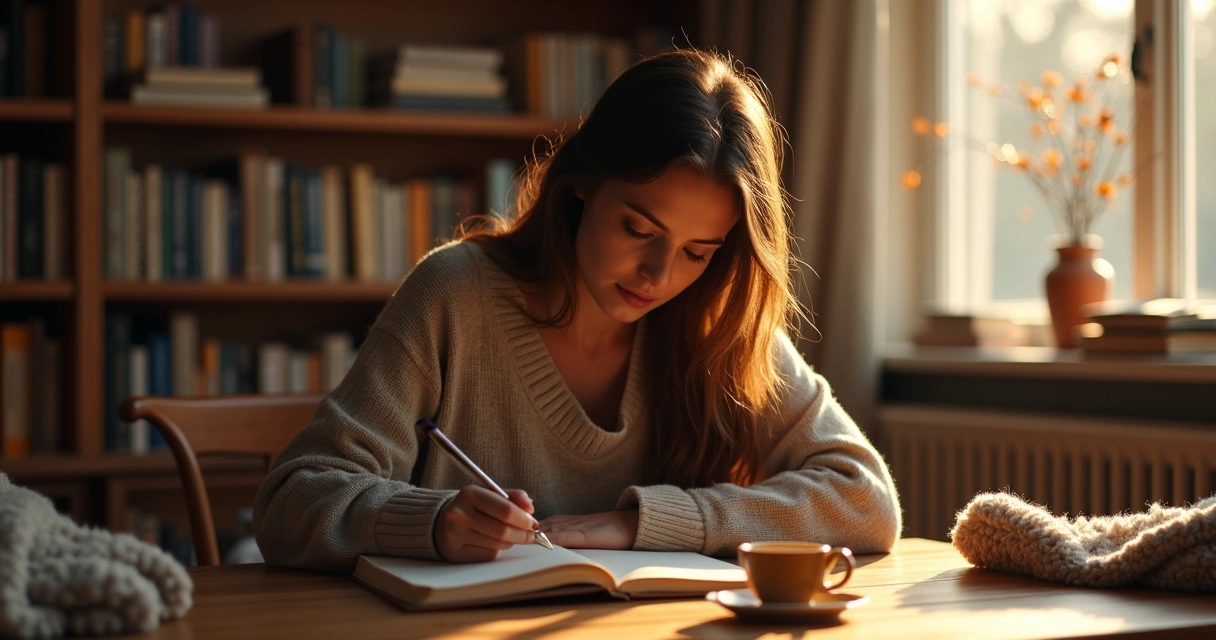 Persona escribiendo en un diario con luz cálida y ambiente tranquilo