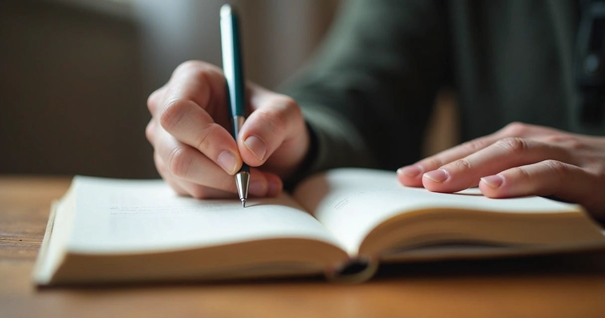 Manos escribiendo en un cuaderno abierto sobre una mesa de madera 
