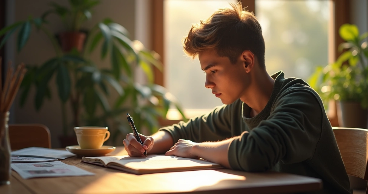 Joven escribiendo en un diario sentado a una mesa de madera, luz suave entrando por una ventana