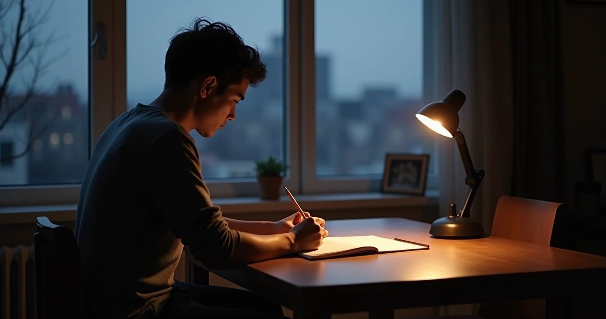 Persona escribiendo en un diario a mano con lápiz 