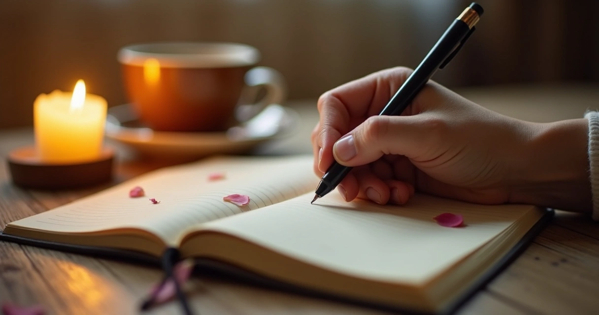 Persona escribiendo en un diario junto a una taza y una vela encendida 