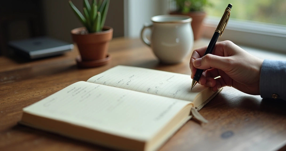 Mano escribiendo en un diario de tapa dura con bolígrafo y taza de café a un lado