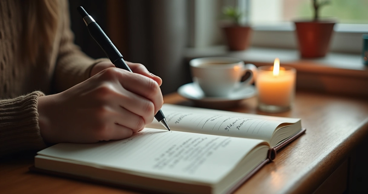 Mano escribiendo en diario, vela encendida y taza al lado. 