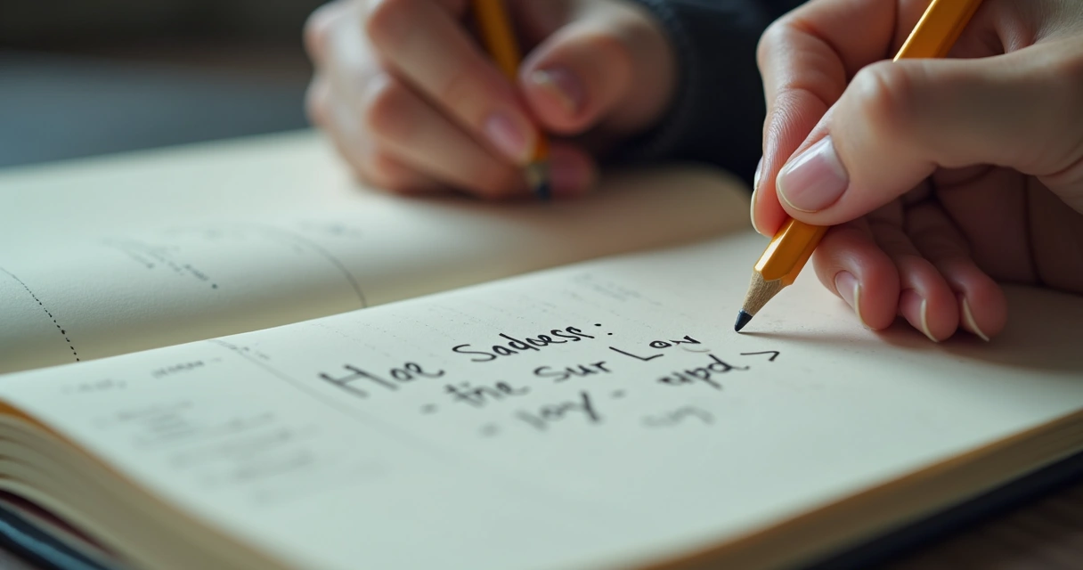 Manos escribiendo emociones en un diario abierto 