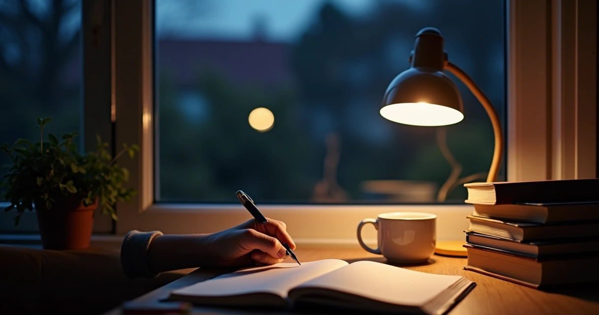 Persona escribiendo en un cuaderno por la noche 