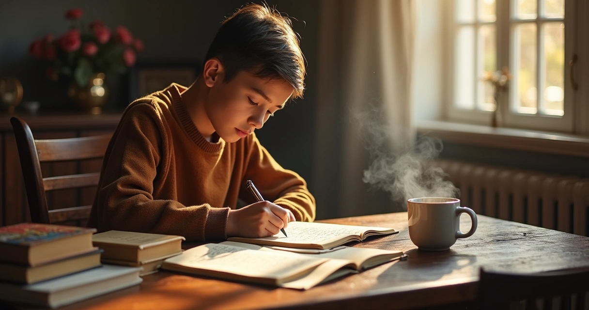 Persona escribiendo en un cuaderno grande con varias hojas escritas, con libros y una taza de café al lado en una mesa de madera clara