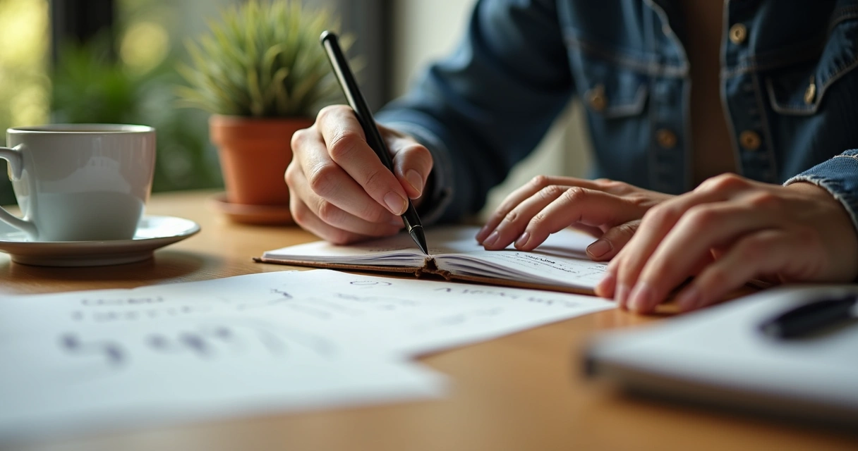 Pessoa escrevendo em diário ao lado de caneca 