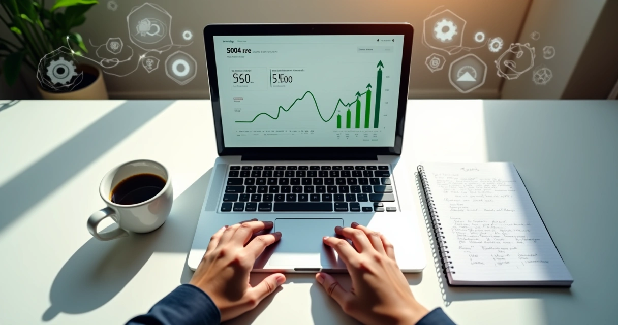 Pessoa digitando em notebook com tela mostrando gráficos de crescimento 