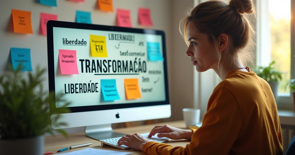 Mulher usando notebook, criando chamada para redes sociais 