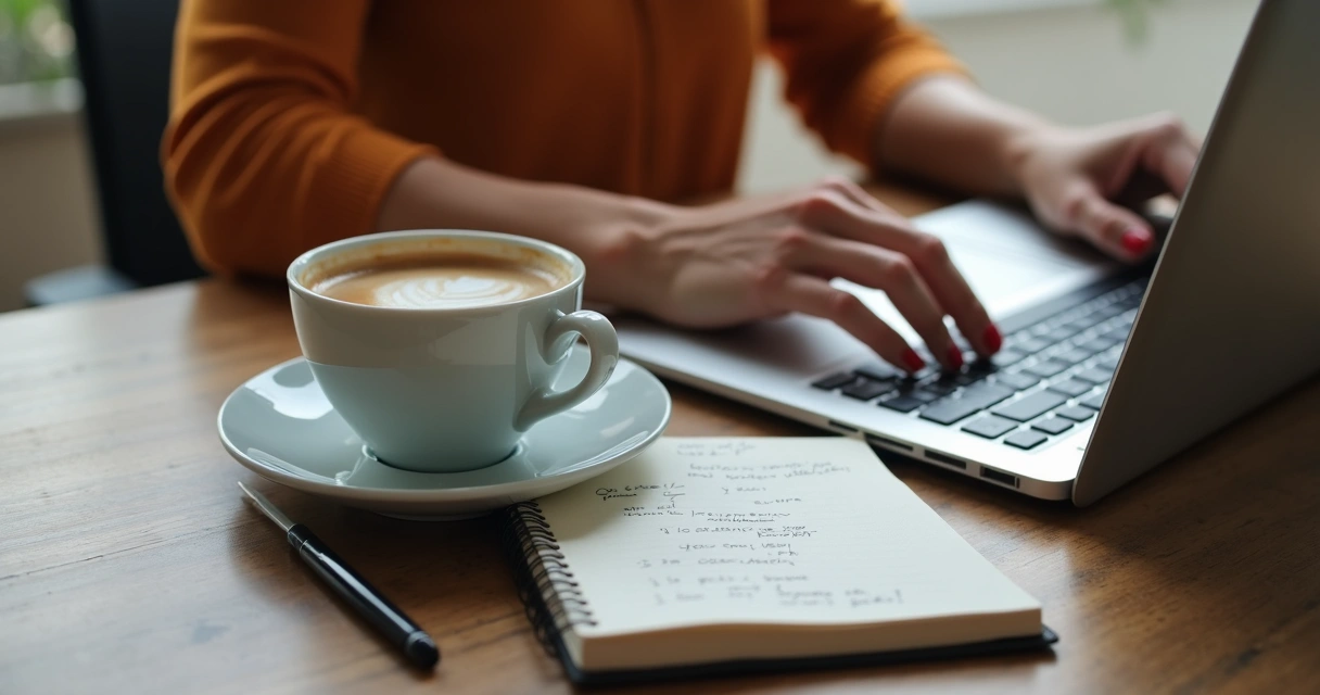 Mãos femininas digitando em notebook com xícara de café ao lado 