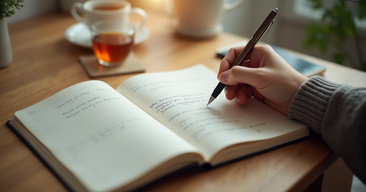 Caderno aberto com lista de pensamentos e mão escrevendo em ambiente calmo
