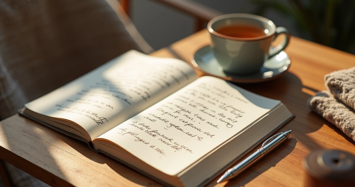 Caderno com anotações e chá em mesa de madeira 