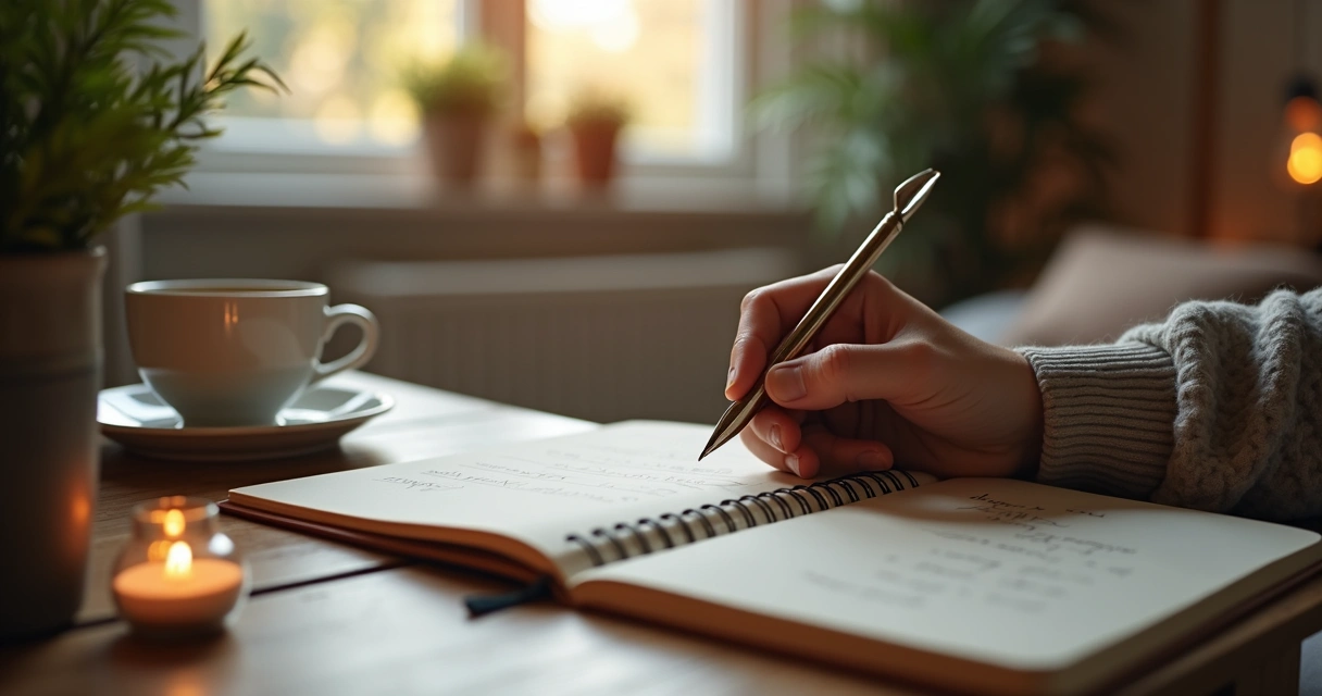 Pessoa escrevendo em um diário, caneta na mão, anotando pensamentos