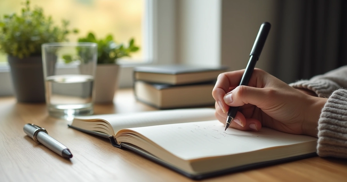 Caderno aberto com pessoa escrevendo em silêncio 