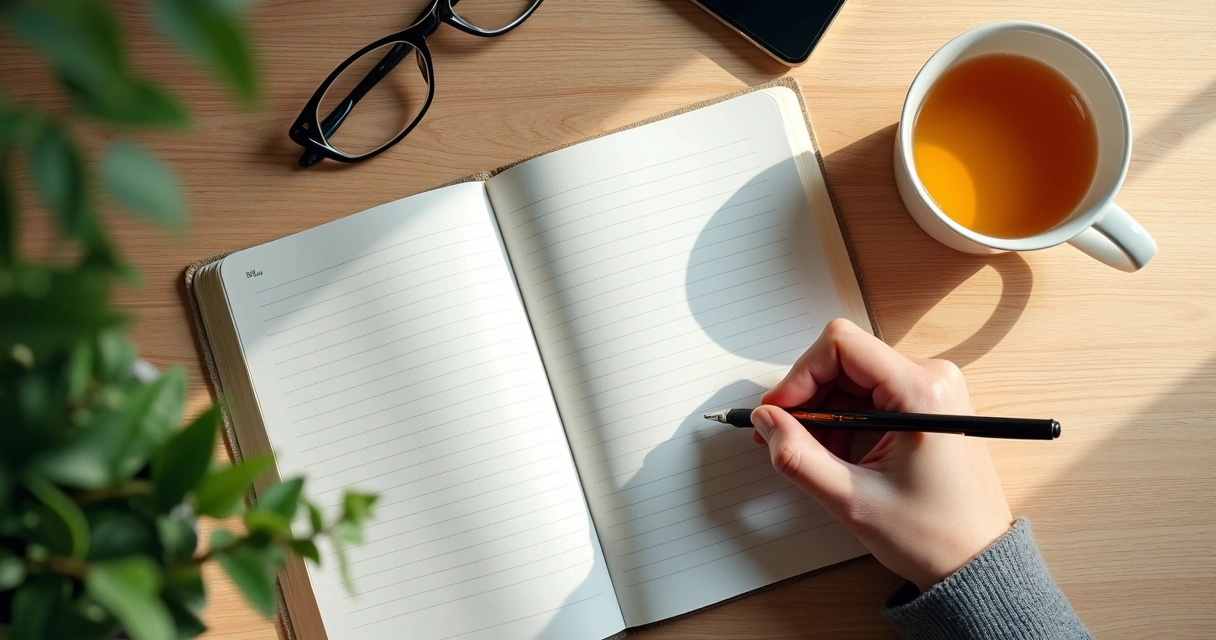 Caderno aberto com mão escrevendo e xícara ao lado 