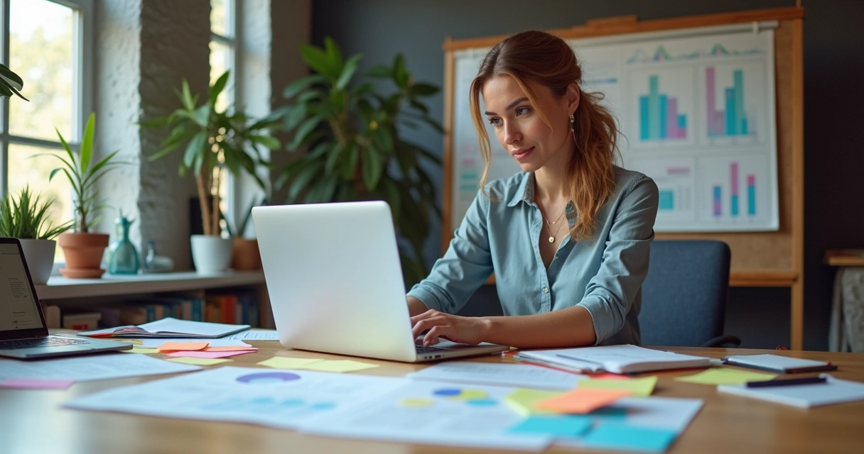 Mulher digita em laptop com post-its coloridos, livros de marketing e gráficos na mesa 