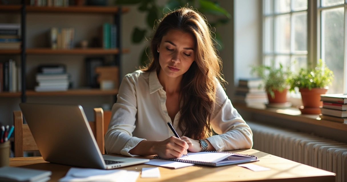 Mulher digitando em notebook com bloco de notas ao lado 