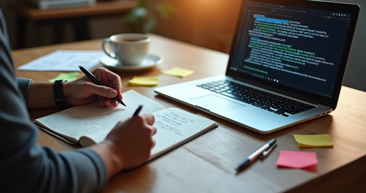Mãos humanas escrevendo em um caderno e um notebook mostrando texto gerado por IA na mesma mesa 