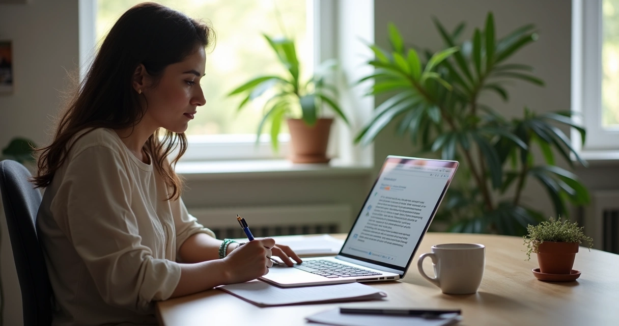 Mulher escrevendo com notebook, anotações ao lado e tela mostrando inteligência artificial 