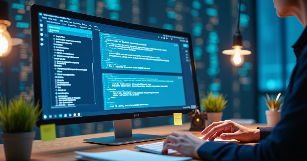 Pessoa digitando em computador com interface de inteligência artificial de textos na tela 