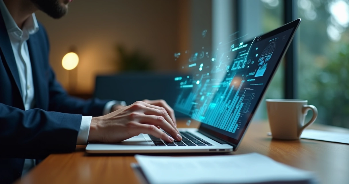 Pessoa digitando em notebook com gráficos digitais ao fundo 