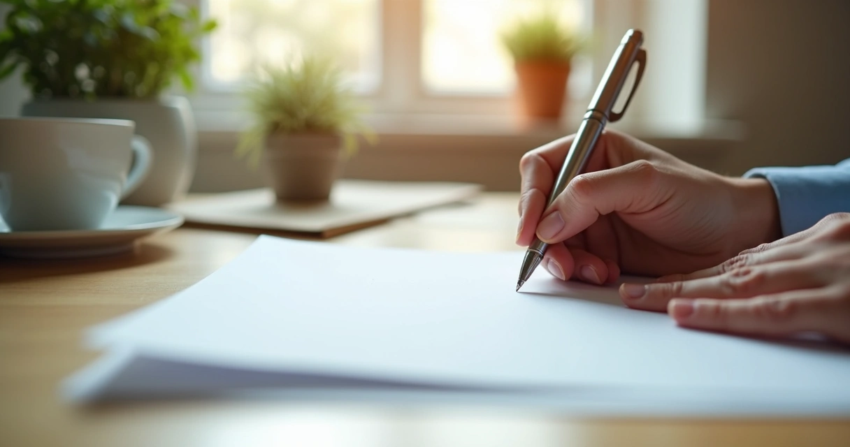 Pessoa escrevendo em papel enquanto respira fundo em uma mesa limpa