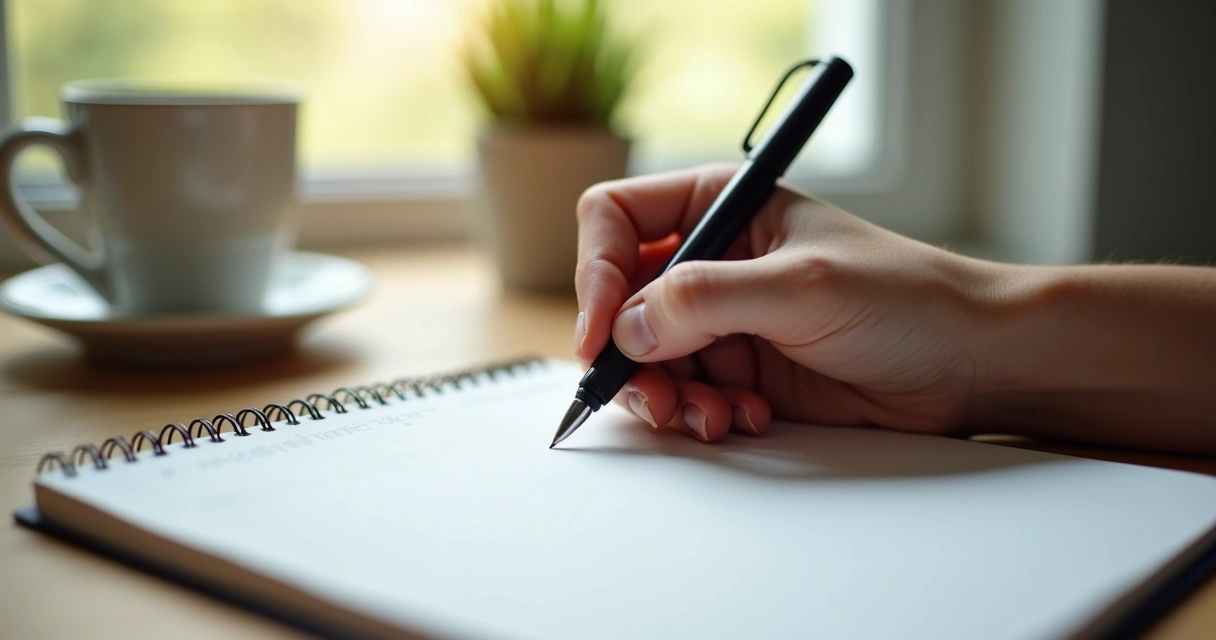 Mão escrevendo em caderno, ambiente silencioso, mesa de madeira, caneta preta