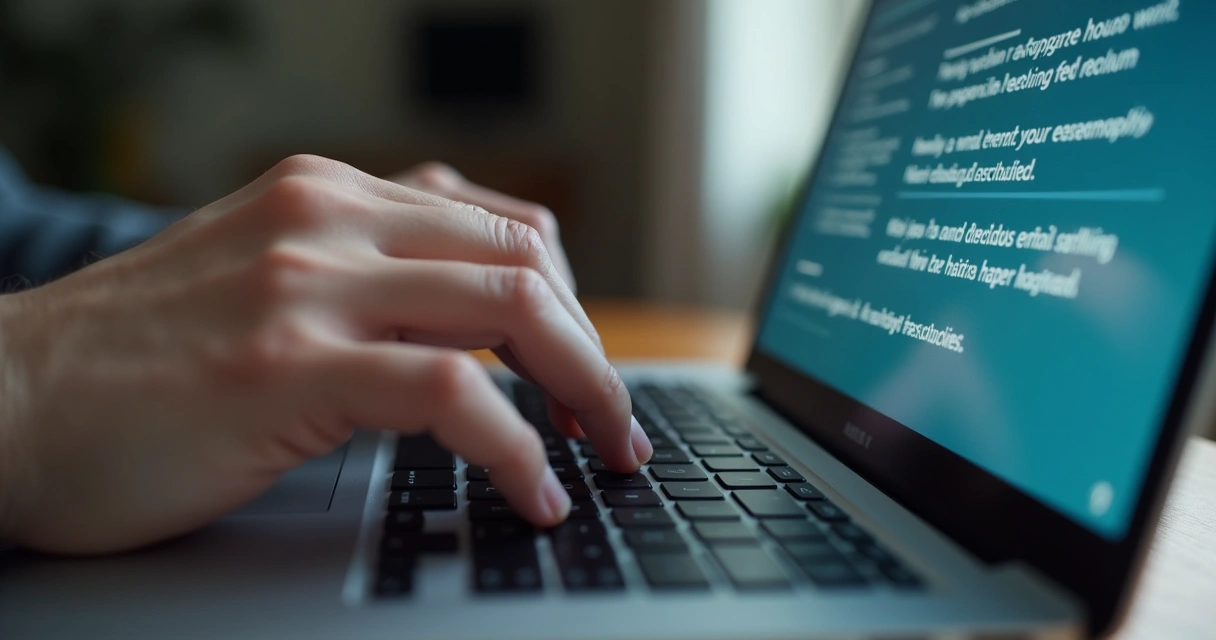 Pessoa escrevendo e-mail personalizado em notebook, IA sugerindo texto na tela 