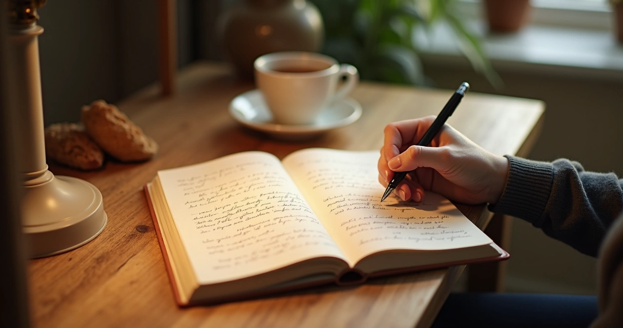 Pessoa escrevendo em caderno durante momento de reflexão