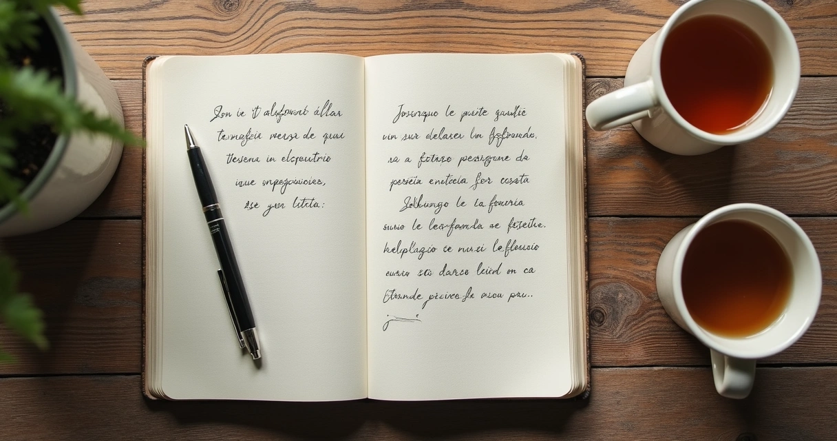 Caderno aberto com escrita de reflexão e xícara ao lado