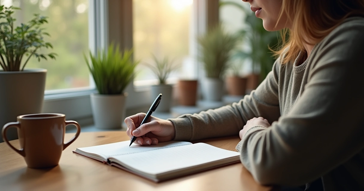 Pessoa escrevendo em diário sentado à mesa com luz natural