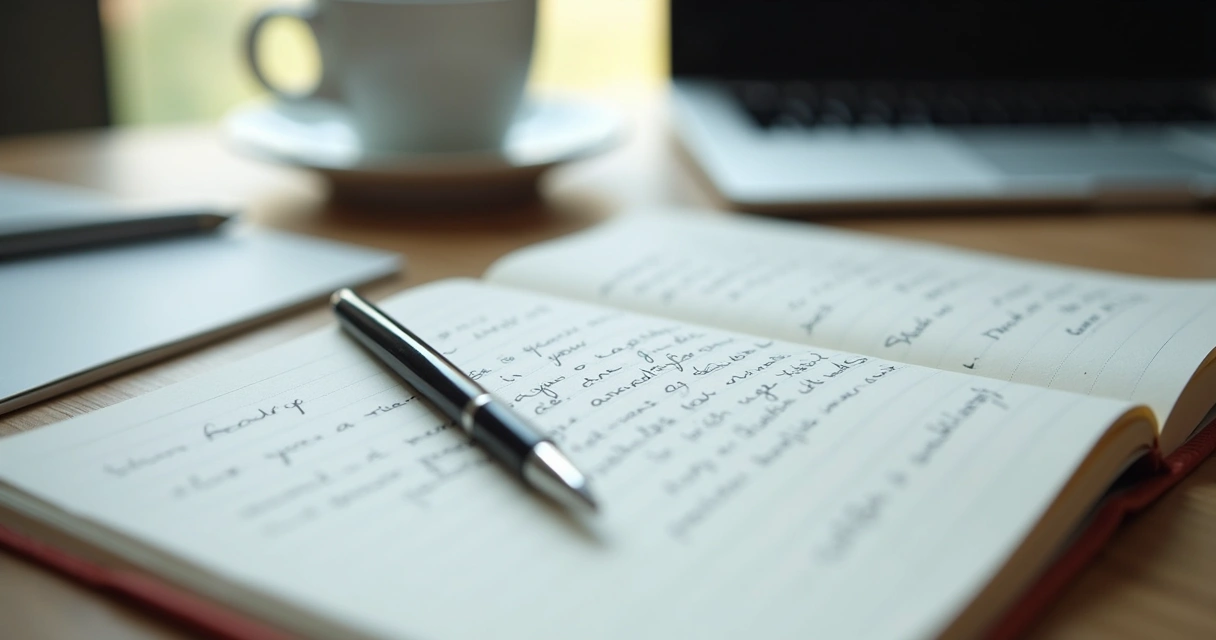 Caderno com anotações ao lado de laptop em mesa de trabalho 