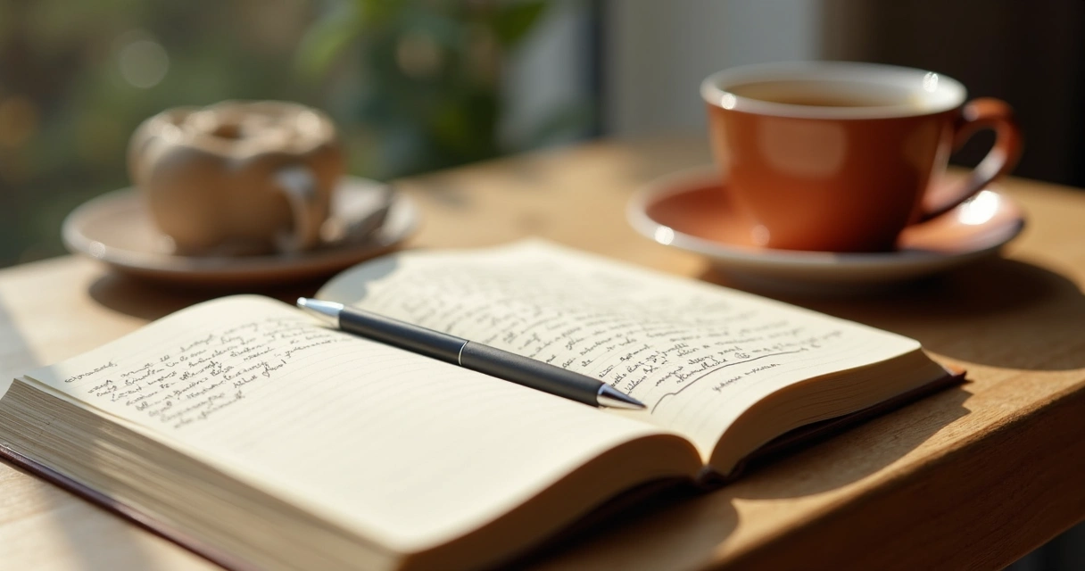 Caderno aberto com anotações reflexivas ao lado de xícara e luz suave