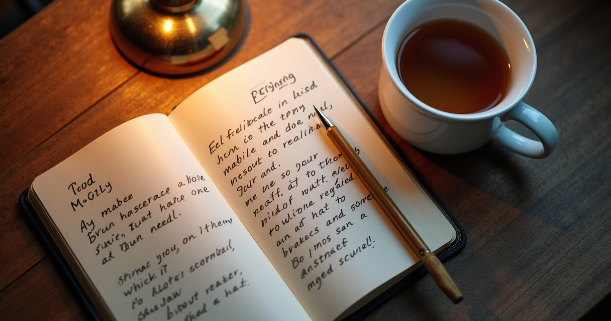 Caderno aberto com escrita reflexiva e chá sobre a mesa