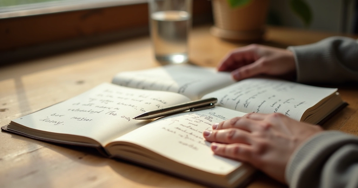 Caderno aberto com anotações e mãos em momento de reflexão 
