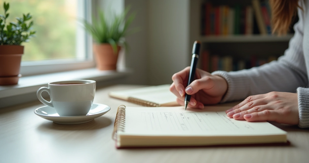 Pessoa escrevendo reflexões em caderno 