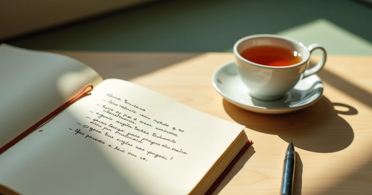 Caderno com escrita reflexiva e chá 