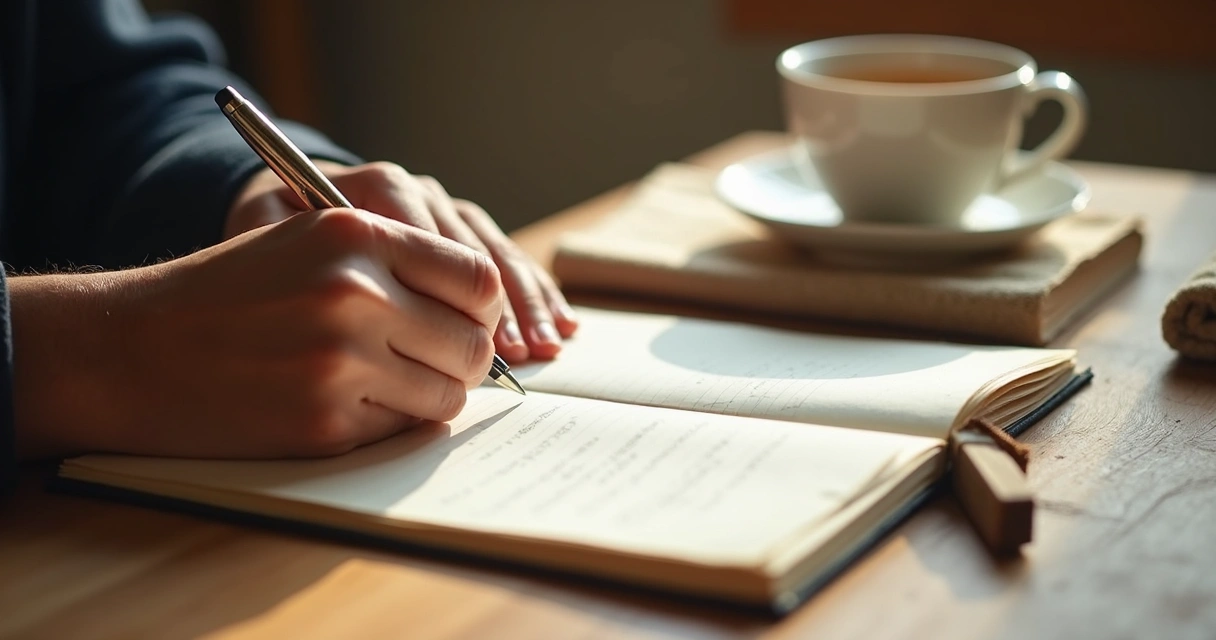 Mãos escrevendo em caderno durante prática reflexiva 