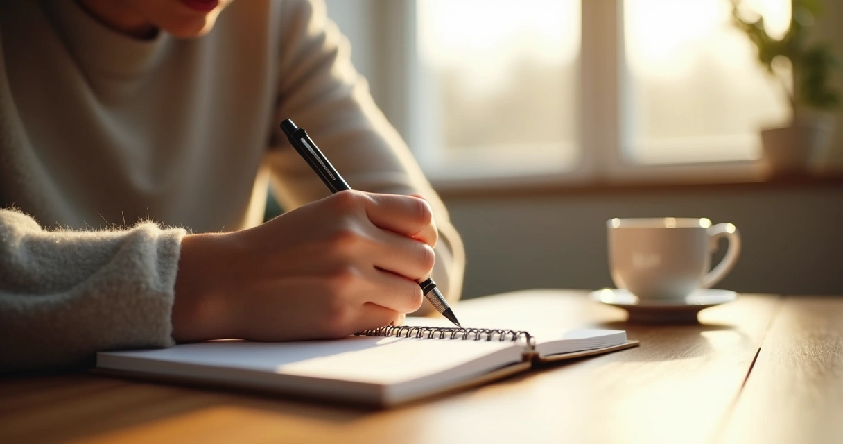 Pessoa escreve em caderno sobre mesa de madeira com caneca e janela ao fundo 