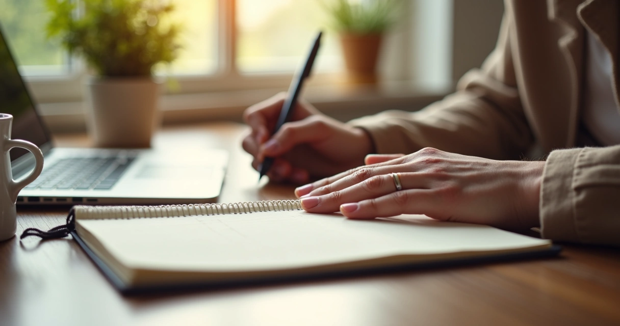 Pessoa escrevendo reflexão em caderno na mesa 