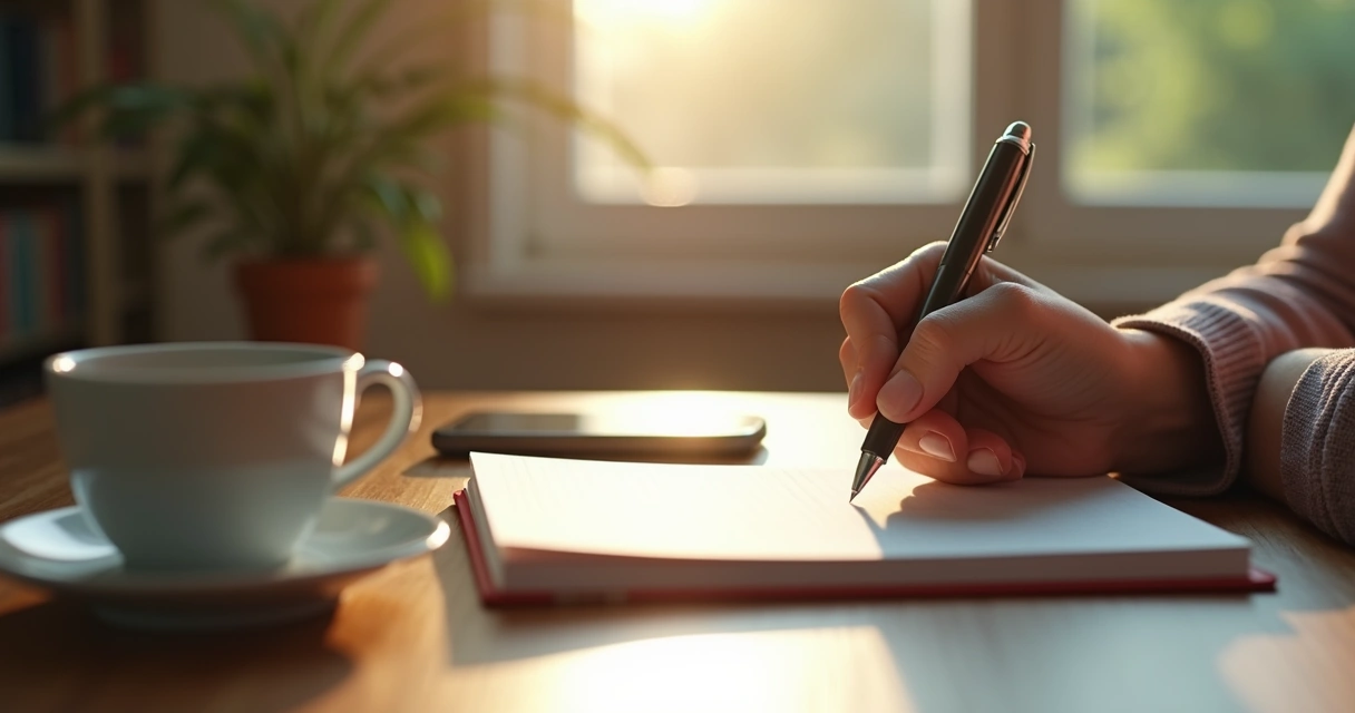 Pessoa escrevendo rapidamente em um caderno durante uma pausa, caneca de chá ao lado, ambiente iluminado por luz natural. 