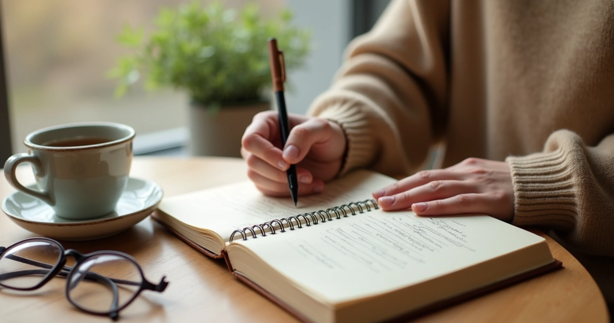 Caderno, chá e pessoa escrevendo em momento de reflexão 