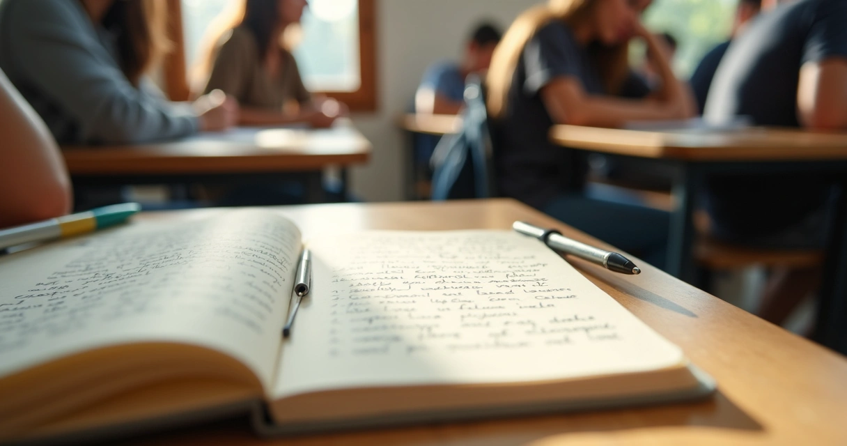 Caderno com escrita reflexiva em carteira escolar iluminada