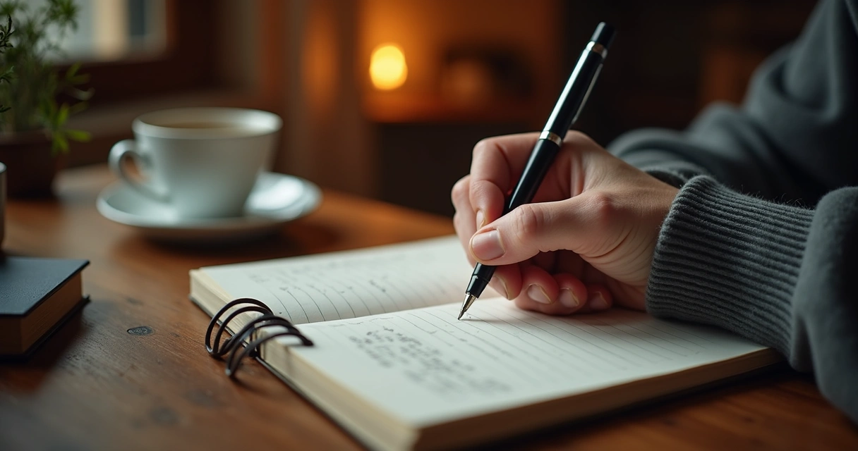 Pessoa escrevendo em caderno aberto sobre uma mesa de madeira 