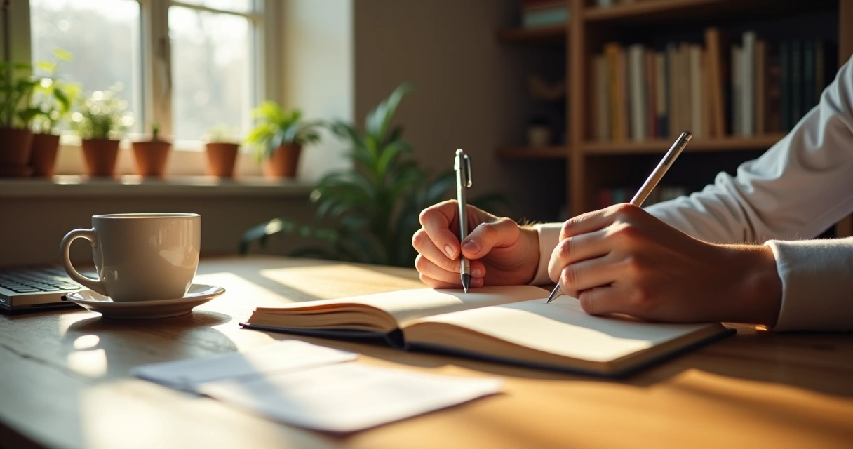 Pessoa escrevendo em diário com foco e serenidade, luz natural suave