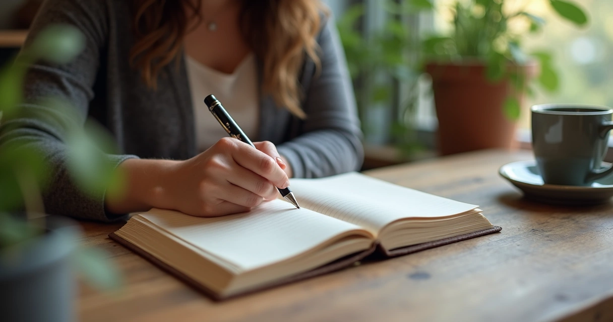 Pessoa escrevendo em diário em ambiente tranquilo 