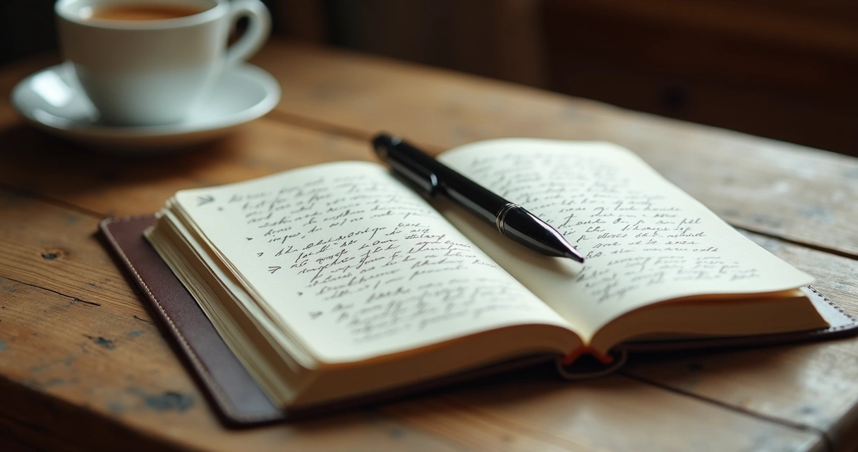 Caderno aberto com anotações à mão e uma caneta apoiada, em mesa de madeira 