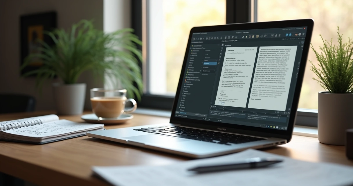Mesa de trabalho com laptop aberto exibindo software de roteiro, caderno com anotações e caneta, copo de café, planta ao fundo em ambiente bem iluminado 