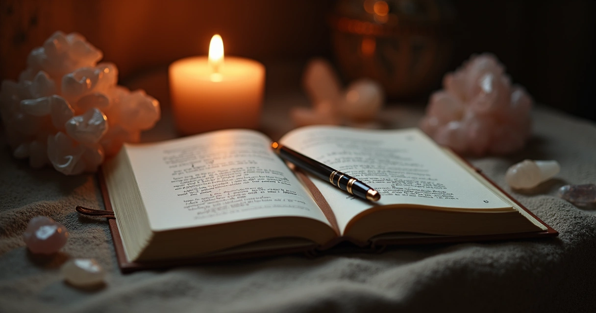 Caderno aberto e caneta ao lado de vela acesa, em ambiente intimista 